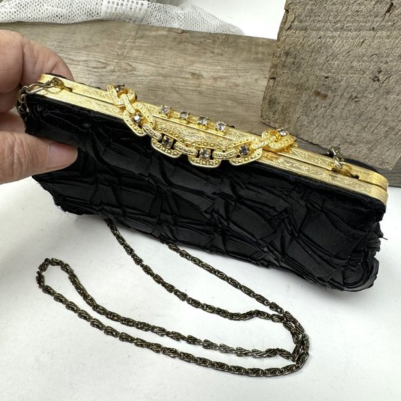 Elegant Black Fabric & Rhinestone Evening Purse w/ Chain - Picture 5 of 8